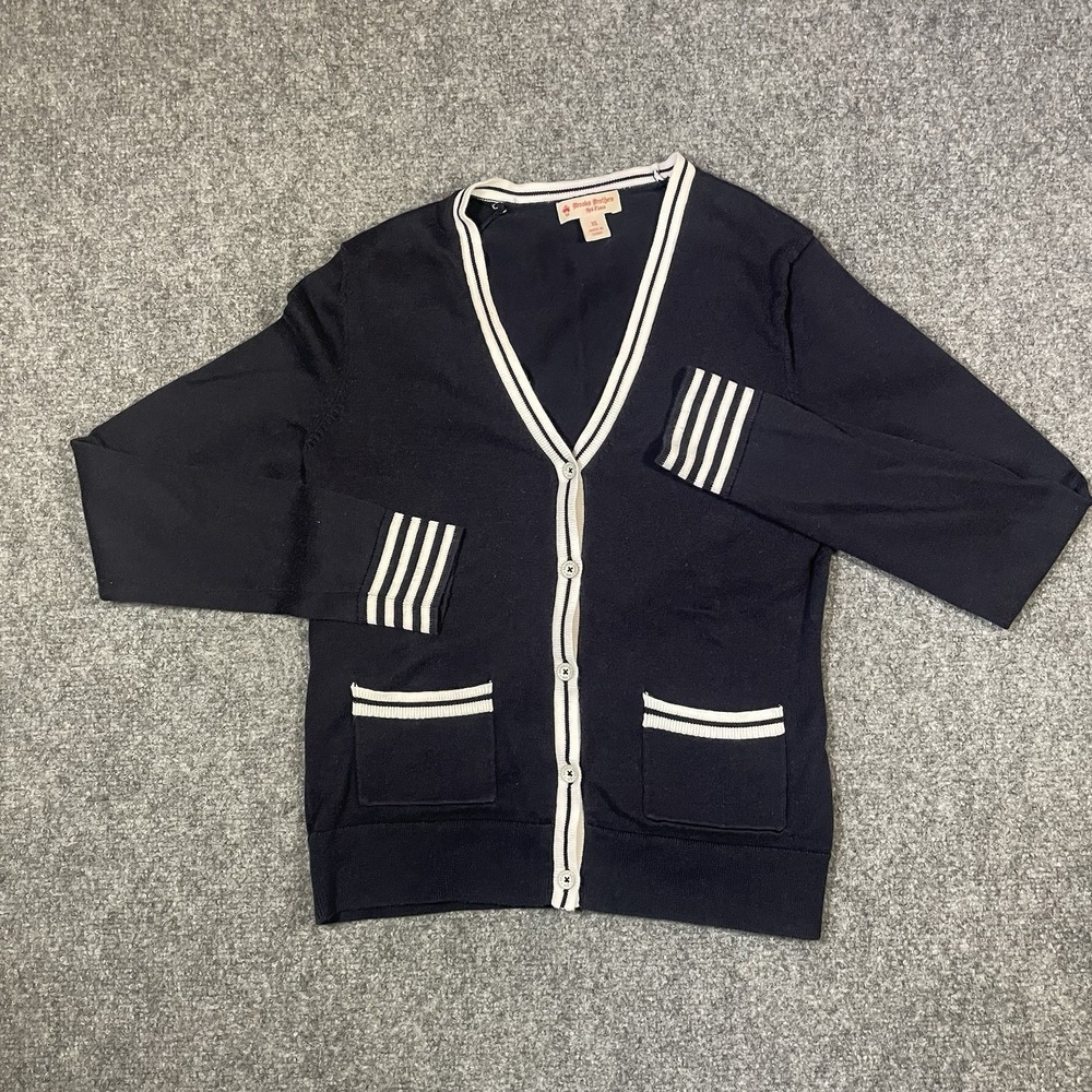 Brooks Brothers Red Fleece Cardigan Sweater XS Blue Supima Cotton Stripes Pocket